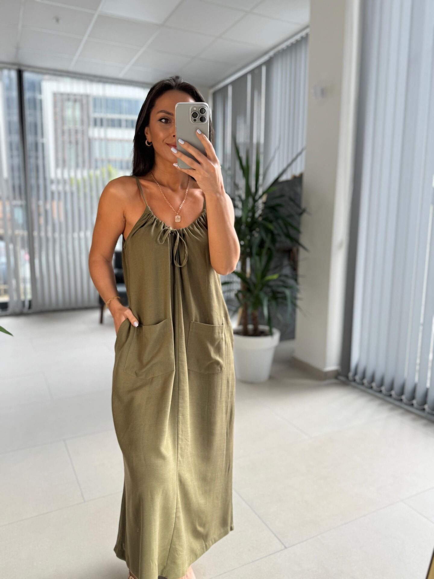 Bb 30013 İp Askılı Haki Keten Elbise