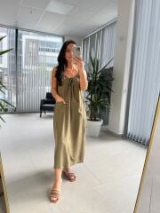 Bb 30013 İp Askılı Haki Keten Elbise
