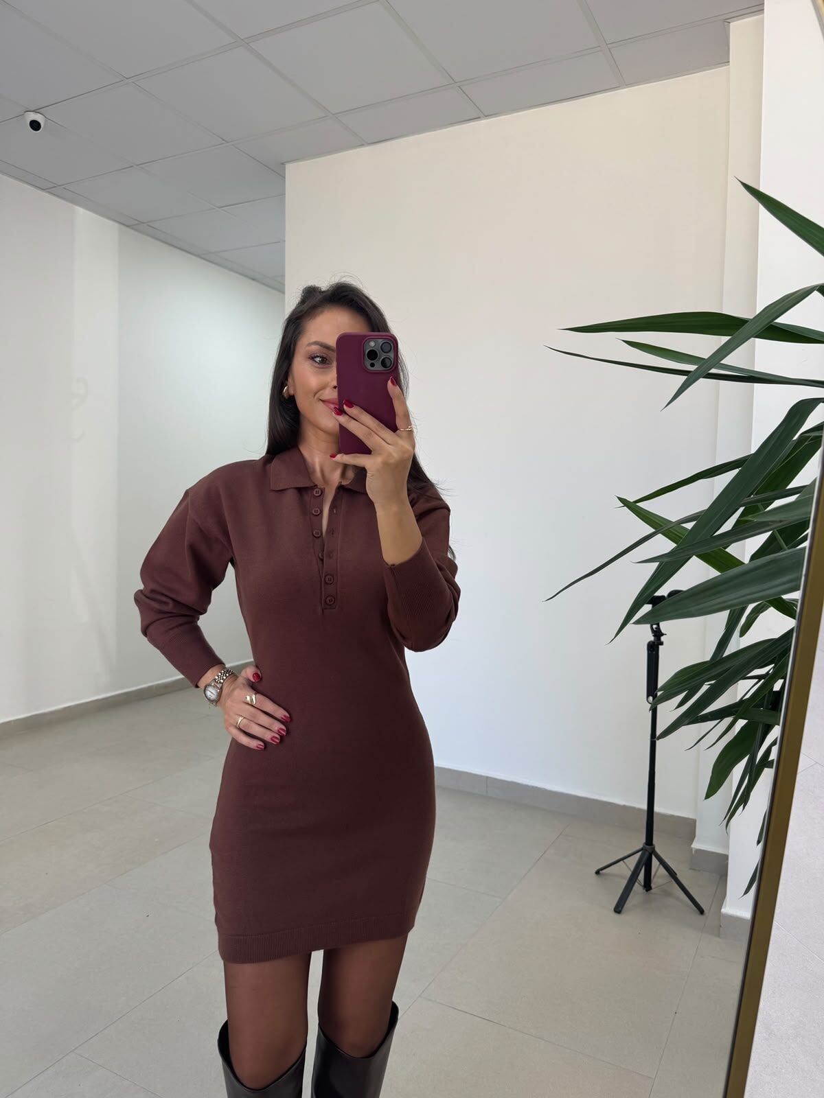 Qs Premium Polo Yaka Kahve Kalem Elbise