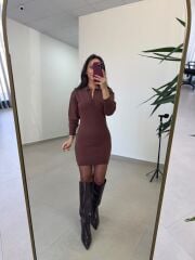 Qs Premium Polo Yaka Kahve Kalem Elbise