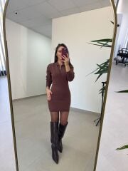 Qs Premium Polo Yaka Kahve Kalem Elbise