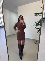 Qs Premium Polo Yaka Kahve Kalem Elbise