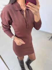 Qs Premium Polo Yaka Kahve Kalem Elbise