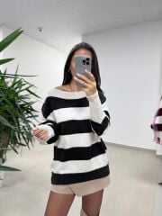 Mz 22846 Kahve Kayık Yaka Çizgili Triko