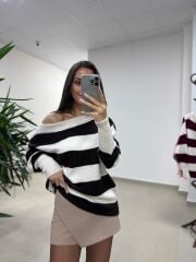 Mz 22846 Kahve Kayık Yaka Çizgili Triko