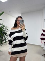 Mz 22846 Kahve Kayık Yaka Çizgili Triko