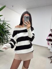 Mz 22846 Kahve Kayık Yaka Çizgili Triko