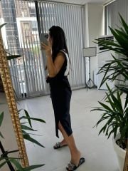 Ms Siyah Bel Kuşaklı Penye Detaylı Elbise