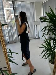 Ms Siyah Bel Kuşaklı Penye Detaylı Elbise