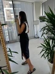 Ms Siyah Bel Kuşaklı Penye Detaylı Elbise