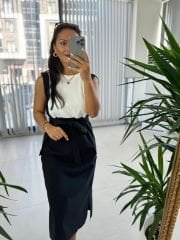 Ms Siyah Bel Kuşaklı Penye Detaylı Elbise