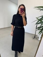 Po 2722 Siyah Balıkçı Yaka Kısa Kollu Elbise