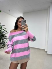 Mz 22846 Gri Kayık Yaka Çizgili Triko