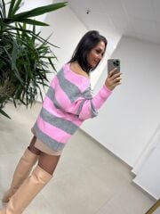 Mz 22846 Gri Kayık Yaka Çizgili Triko