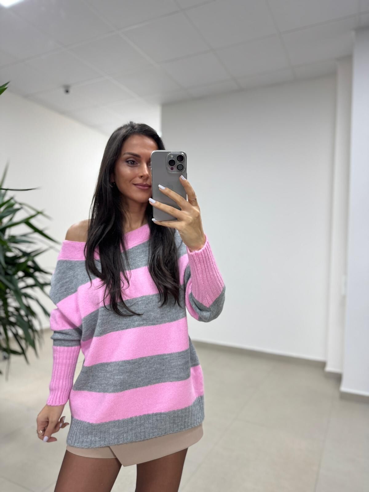 Mz 22846 Gri Kayık Yaka Çizgili Triko