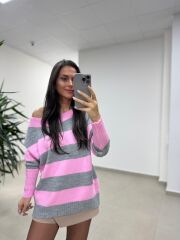 Mz 22846 Gri Kayık Yaka Çizgili Triko