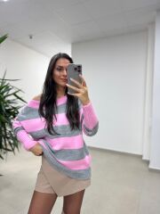 Mz 22846 Gri Kayık Yaka Çizgili Triko