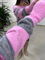 Mz 22846 Gri Kayık Yaka Çizgili Triko