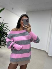 Mz 22846 Gri Kayık Yaka Çizgili Triko