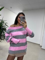 Mz 22846 Gri Kayık Yaka Çizgili Triko