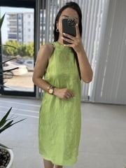 Halter yaka fıstık saten elbise