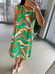 Bb 27164 Yeşil-Oranj Geçişli Floş Keten Elbise