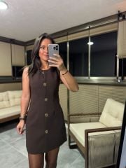 Fw 8183 Gold Düğmeli Kolsuz Kahve Elbise