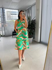 Bb 27164 Yeşil-Oranj Geçişli Floş Keten Elbise