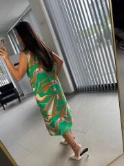 Bb 27164 Yeşil-Oranj Geçişli Floş Keten Elbise