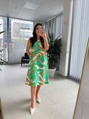 Bb 27164 Yeşil-Oranj Geçişli Floş Keten Elbise