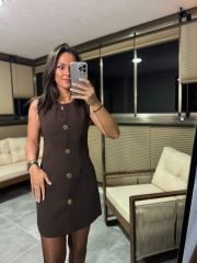 Fw 8183 Gold Düğmeli Kolsuz Kahve Elbise