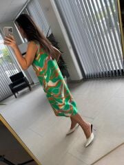 Bb 27164 Yeşil-Oranj Geçişli Floş Keten Elbise