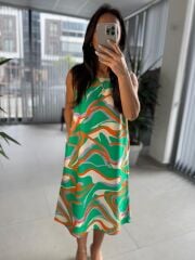 Bb 27164 Yeşil-Oranj Geçişli Floş Keten Elbise