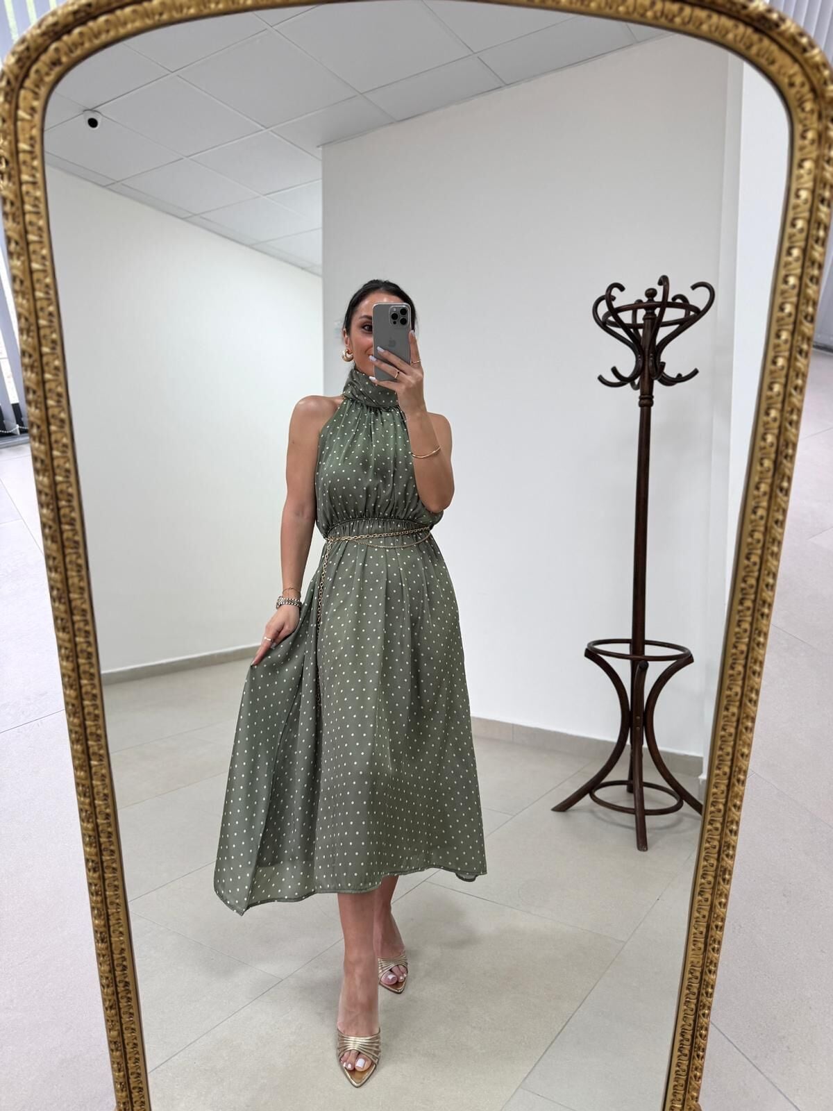 Kd 7843 Yeşil Puantiyeli Pamuk Saten Zincirli Elbise