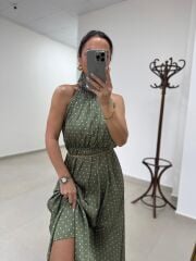 Kd 7843 Yeşil Puantiyeli Pamuk Saten Zincirli Elbise