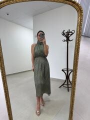 Kd 7843 Yeşil Puantiyeli Pamuk Saten Zincirli Elbise