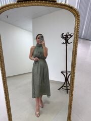 Kd 7843 Yeşil Puantiyeli Pamuk Saten Zincirli Elbise