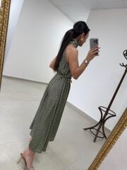 Kd 7843 Yeşil Puantiyeli Pamuk Saten Zincirli Elbise