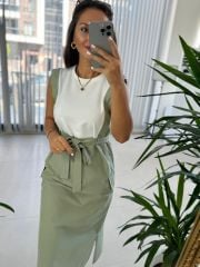 Ms Mint Green Waist Belted Combed Cotton Detail Dress