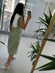 Ms Mint Green Waist Belted Combed Cotton Detail Dress