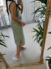 Ms Mint Green Waist Belted Combed Cotton Detail Dress