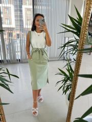 Ms Mint Green Waist Belted Combed Cotton Detail Dress