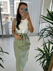 Ms Mint Green Waist Belted Combed Cotton Detail Dress