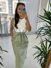 Ms Mint Green Waist Belted Combed Cotton Detail Dress