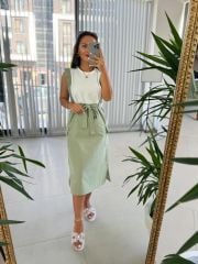 Ms Mint Green Waist Belted Combed Cotton Detail Dress
