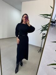 Po 2669 Siyah Kayık Yaka Uzun Kollu Elbise