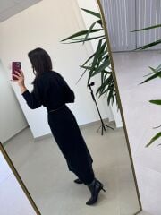 Po 2669 Siyah Kayık Yaka Uzun Kollu Elbise