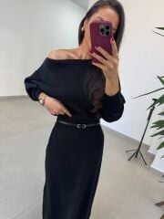 Po 2669 Siyah Kayık Yaka Uzun Kollu Elbise