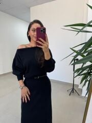 Po 2669 Siyah Kayık Yaka Uzun Kollu Elbise