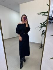 Po 2669 Siyah Kayık Yaka Uzun Kollu Elbise